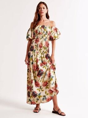 NWT Abercrombie & Fitch S Petite Smocked DropWaist Maxi Dress Floral Puff Sleeve
